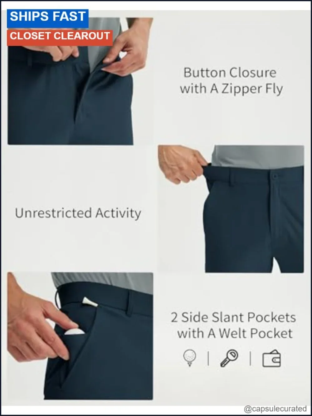 Men's Stretch Golf Pants with 5 Pockets, 30/32/34 Inseam, Quick-Dry